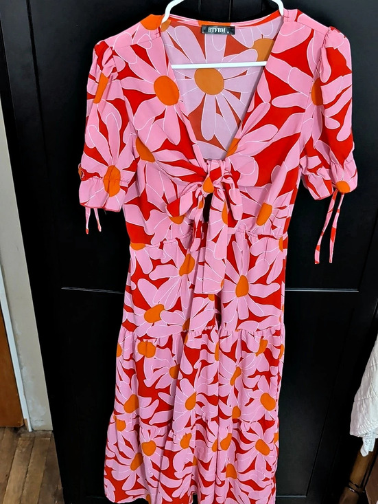 BTFBM Dresses & Skirts - BTFBM Pink Orange Red Floral V-Neck Puff Sleeve Tie Front Tiered Midi Dress Tie